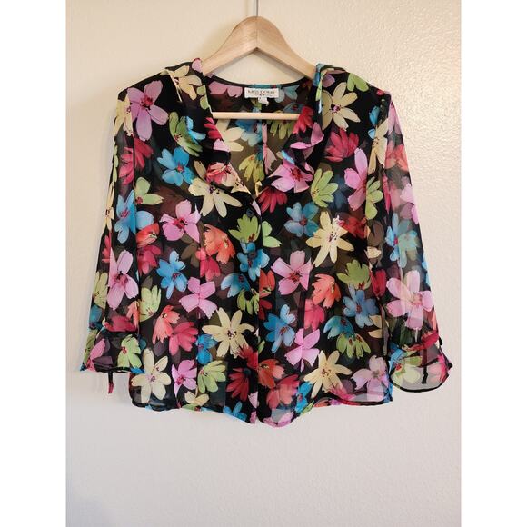 MISS DORBY Sheer Black with Floral Blouse with Shoulder Pads size 10P - Picture 1 of 6
